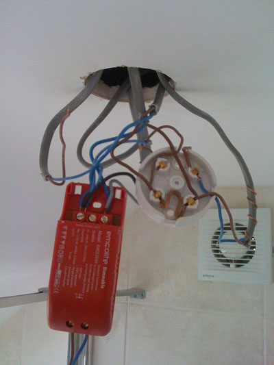 Exposed electrical wiring and connections hanging from a ceiling fitting.